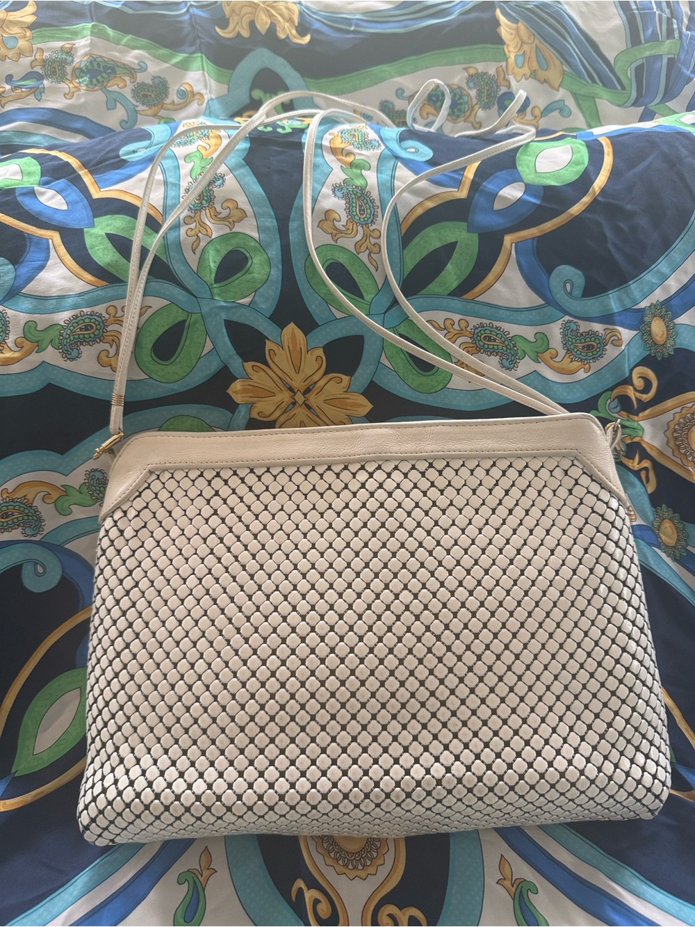 Vintage Cream enamel beaded Crossbody Bag with Slim Strap